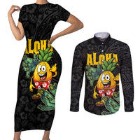 Hawaiian Halloween Couples Matching Short Sleeve Bodycon Dress and Long Sleeve Button Shirt Aloha Pinapple with Mysterious Hands and Polynesian Tribal Tattoo LT03 Black - Polynesian Pride
