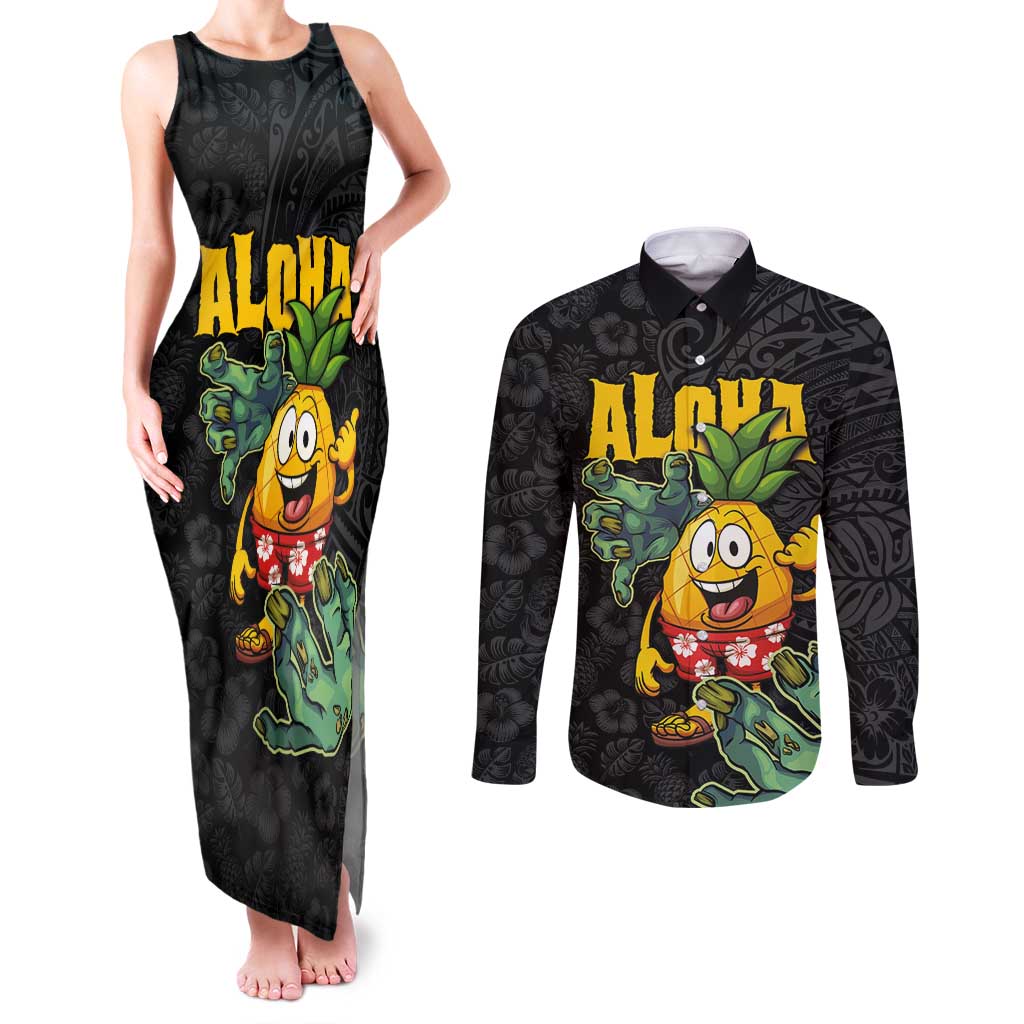 Hawaiian Halloween Couples Matching Tank Maxi Dress and Long Sleeve Button Shirt Aloha Pinapple with Mysterious Hands and Polynesian Tribal Tattoo LT03 Black - Polynesian Pride