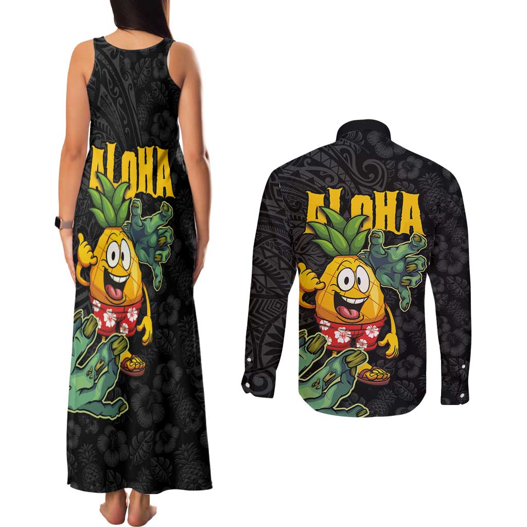 Hawaiian Halloween Couples Matching Tank Maxi Dress and Long Sleeve Button Shirt Aloha Pinapple with Mysterious Hands and Polynesian Tribal Tattoo LT03 - Polynesian Pride