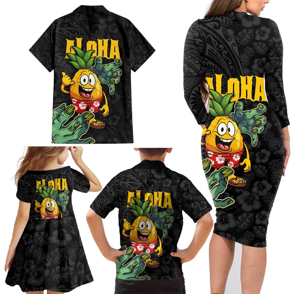 Hawaiian Halloween Family Matching Long Sleeve Bodycon Dress and Hawaiian Shirt Aloha Pinapple with Mysterious Hands and Polynesian Tribal Tattoo LT03 - Polynesian Pride