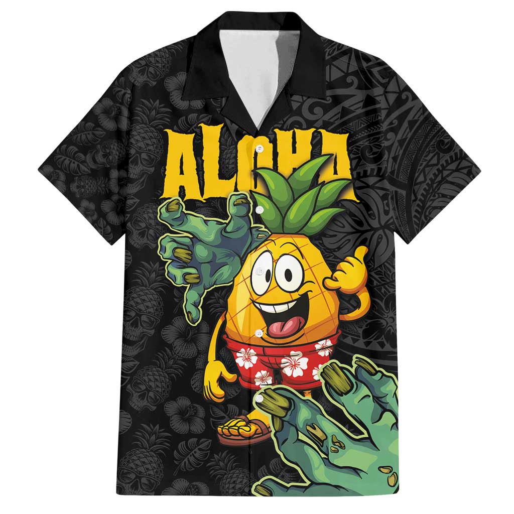 Hawaiian Halloween Family Matching Long Sleeve Bodycon Dress and Hawaiian Shirt Aloha Pinapple with Mysterious Hands and Polynesian Tribal Tattoo LT03 Dad's Shirt - Short Sleeve Black - Polynesian Pride