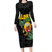 Hawaiian Halloween Family Matching Long Sleeve Bodycon Dress and Hawaiian Shirt Aloha Pinapple with Mysterious Hands and Polynesian Tribal Tattoo LT03 Mom's Dress Black - Polynesian Pride