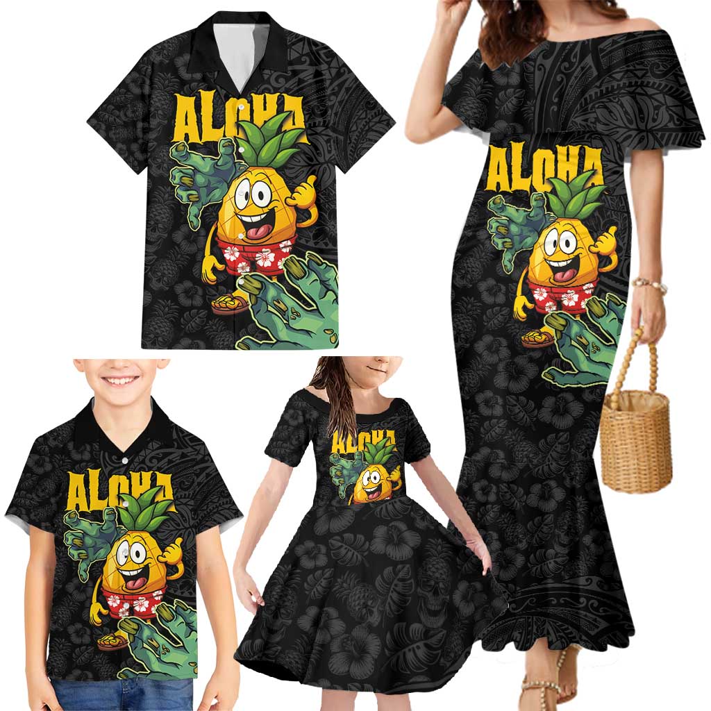 Hawaiian Halloween Family Matching Mermaid Dress and Hawaiian Shirt Aloha Pinapple with Mysterious Hands and Polynesian Tribal Tattoo LT03 - Polynesian Pride