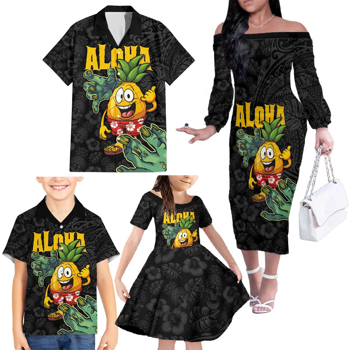 Hawaiian Halloween Family Matching Off The Shoulder Long Sleeve Dress and Hawaiian Shirt Aloha Pinapple with Mysterious Hands and Polynesian Tribal Tattoo LT03 - Polynesian Pride