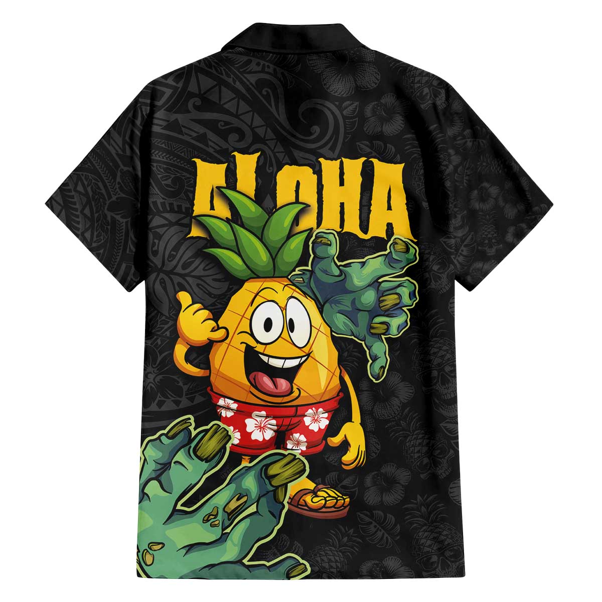 Hawaiian Halloween Family Matching Off The Shoulder Long Sleeve Dress and Hawaiian Shirt Aloha Pinapple with Mysterious Hands and Polynesian Tribal Tattoo LT03 - Polynesian Pride