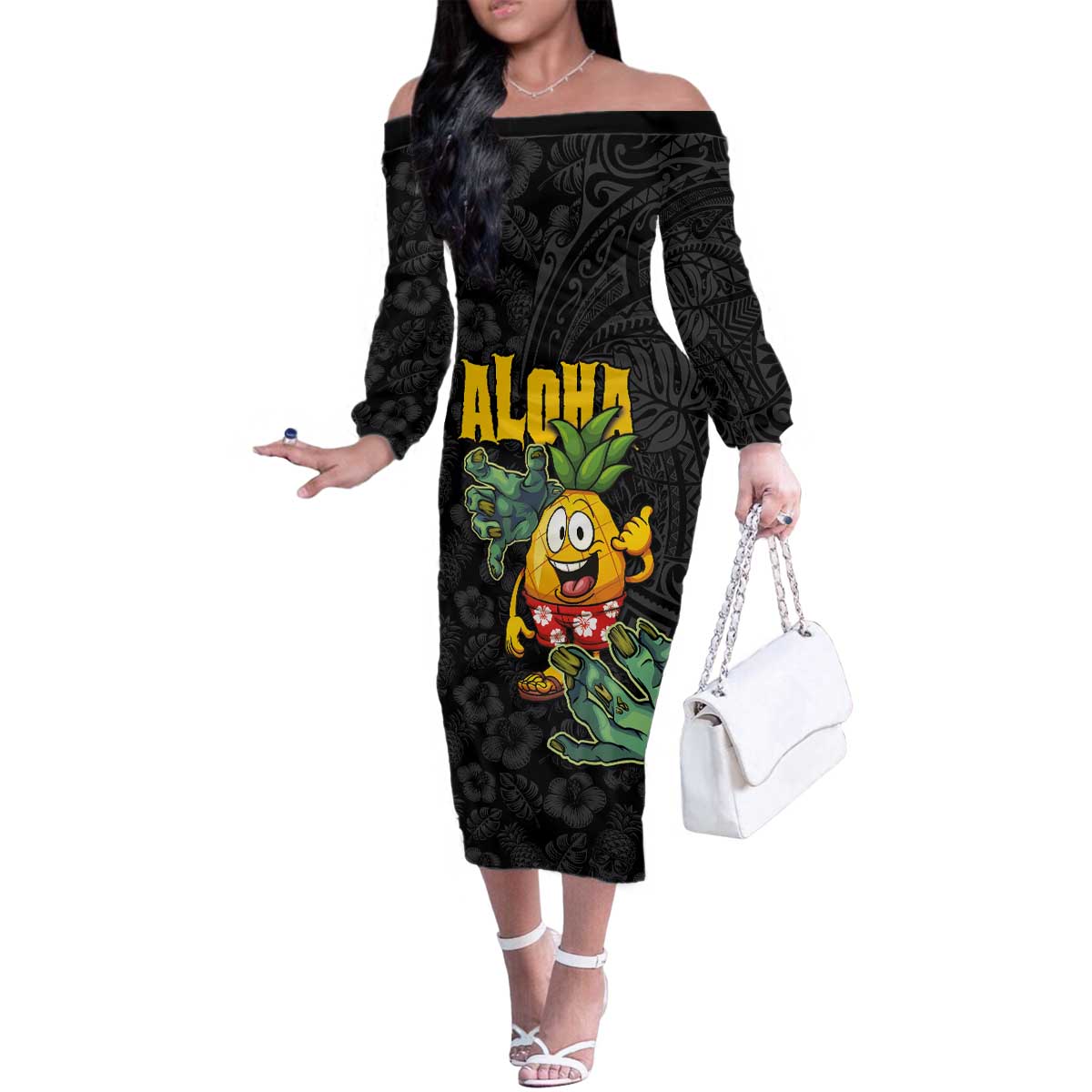 Hawaiian Halloween Family Matching Off The Shoulder Long Sleeve Dress and Hawaiian Shirt Aloha Pinapple with Mysterious Hands and Polynesian Tribal Tattoo LT03 Mom's Dress Black - Polynesian Pride