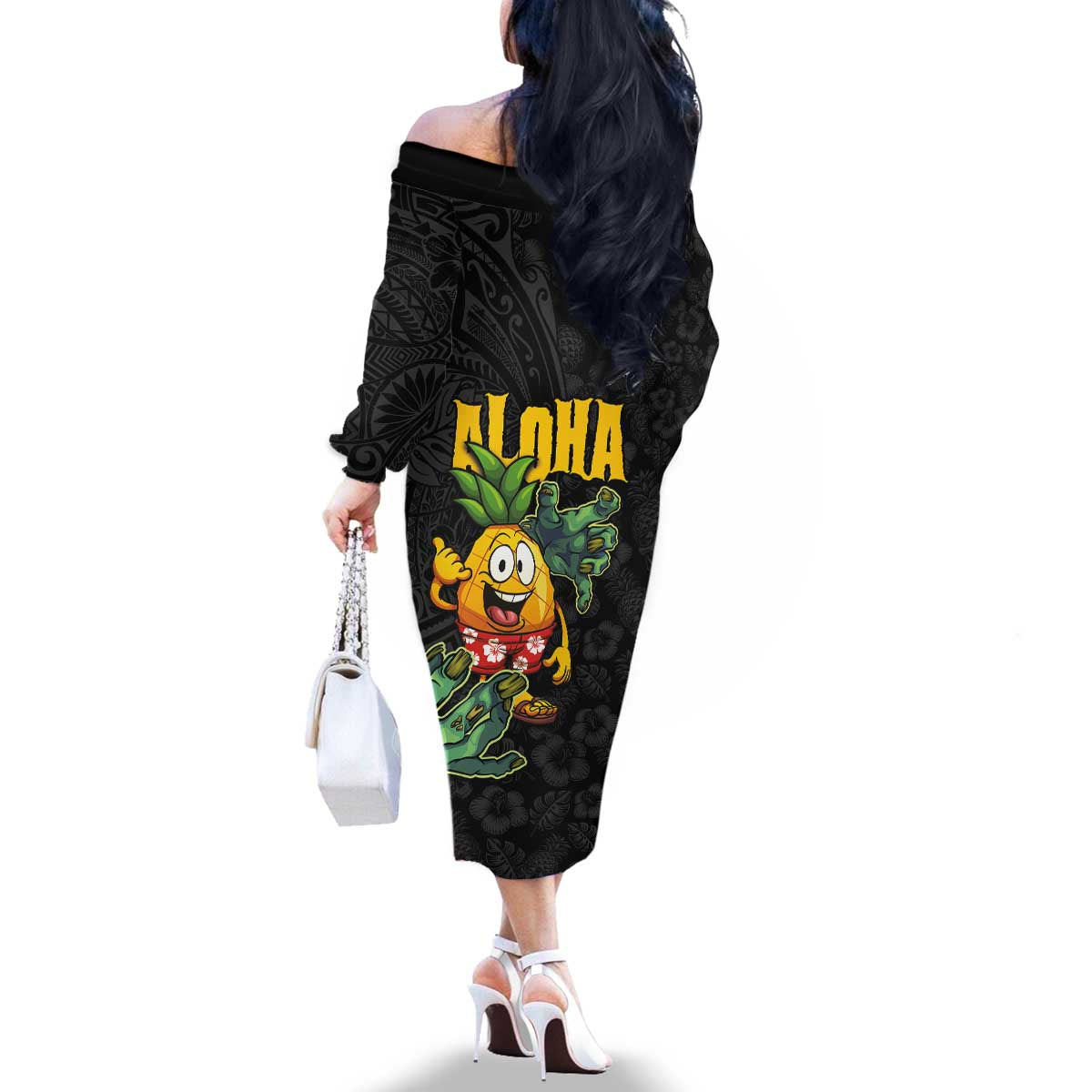 Hawaiian Halloween Family Matching Off The Shoulder Long Sleeve Dress and Hawaiian Shirt Aloha Pinapple with Mysterious Hands and Polynesian Tribal Tattoo LT03 - Polynesian Pride