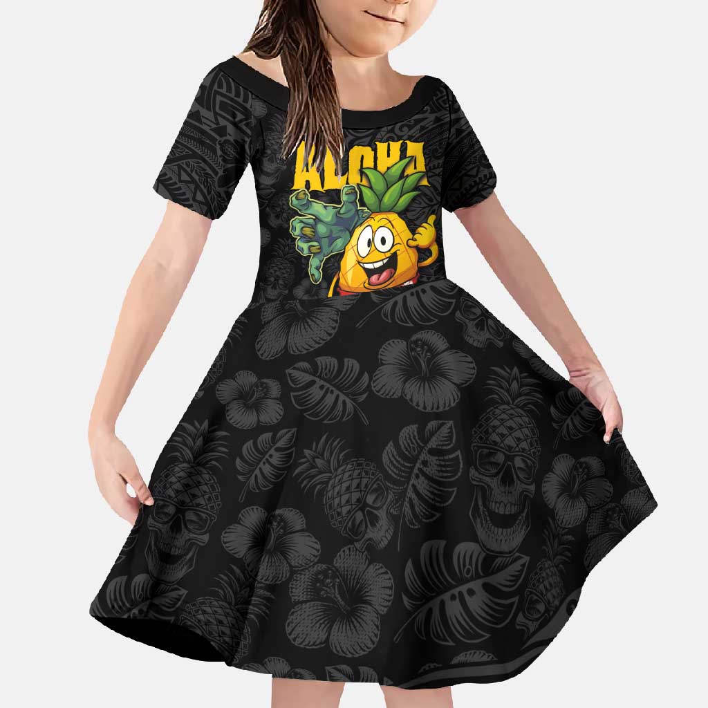 Hawaiian Halloween Family Matching Off Shoulder Maxi Dress and Hawaiian Shirt Aloha Pinapple with Mysterious Hands and Polynesian Tribal Tattoo LT03 Daughter's Dress Black - Polynesian Pride