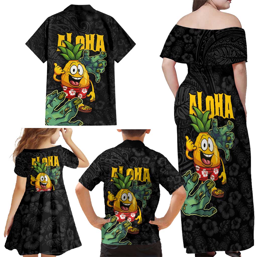 Hawaiian Halloween Family Matching Off Shoulder Maxi Dress and Hawaiian Shirt Aloha Pinapple with Mysterious Hands and Polynesian Tribal Tattoo LT03 - Polynesian Pride