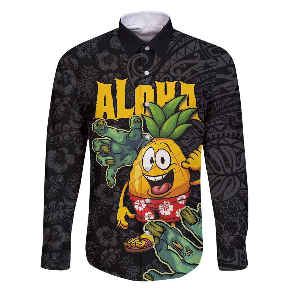 Hawaiian Halloween Family Matching Off Shoulder Maxi Dress and Hawaiian Shirt Aloha Pinapple with Mysterious Hands and Polynesian Tribal Tattoo LT03 Dad's Shirt - Long Sleeve Black - Polynesian Pride