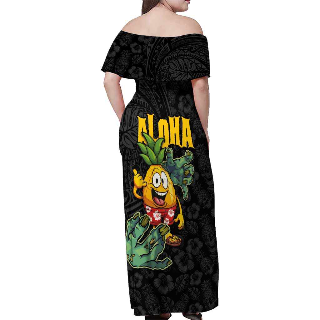 Hawaiian Halloween Family Matching Off Shoulder Maxi Dress and Hawaiian Shirt Aloha Pinapple with Mysterious Hands and Polynesian Tribal Tattoo LT03 - Polynesian Pride