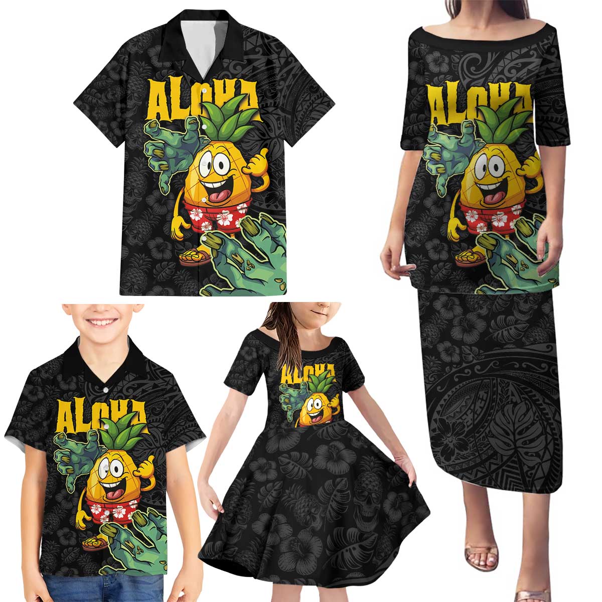 Hawaiian Halloween Family Matching Puletasi and Hawaiian Shirt Aloha Pinapple with Mysterious Hands and Polynesian Tribal Tattoo LT03 - Polynesian Pride