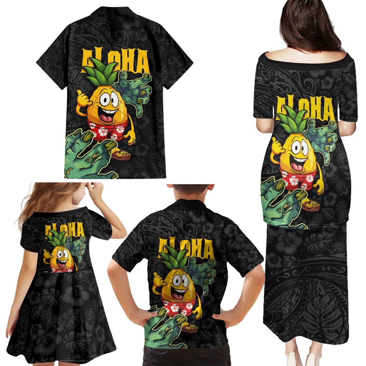 Hawaiian Halloween Family Matching Puletasi and Hawaiian Shirt Aloha Pinapple with Mysterious Hands and Polynesian Tribal Tattoo LT03 - Polynesian Pride