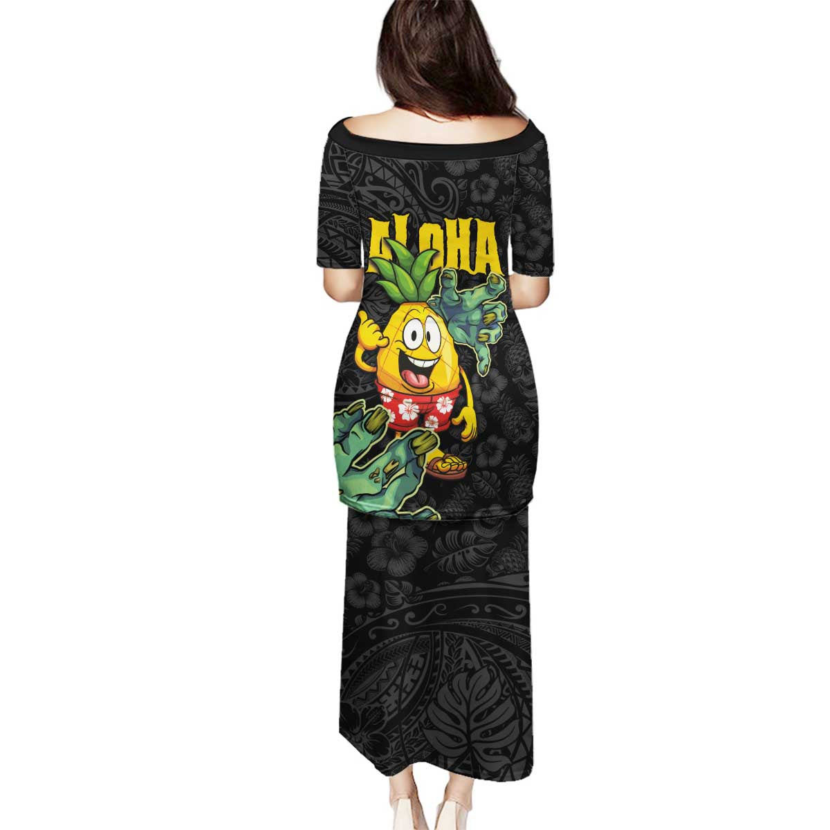 Hawaiian Halloween Family Matching Puletasi and Hawaiian Shirt Aloha Pinapple with Mysterious Hands and Polynesian Tribal Tattoo LT03 - Polynesian Pride