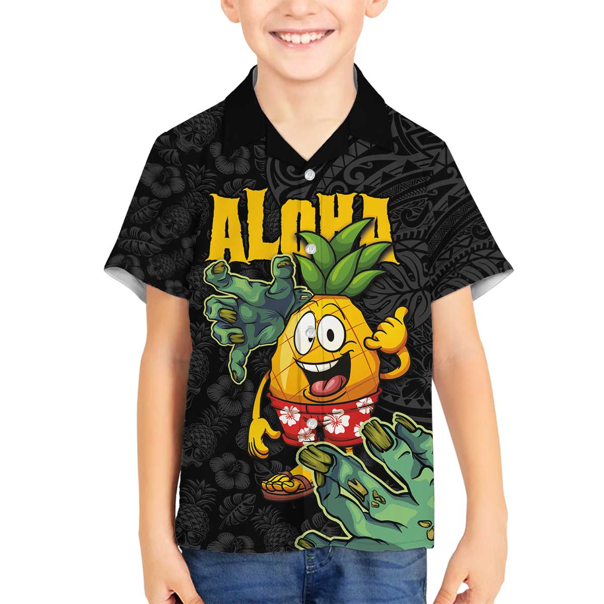 Hawaiian Halloween Family Matching Puletasi and Hawaiian Shirt Aloha Pinapple with Mysterious Hands and Polynesian Tribal Tattoo LT03 Son's Shirt Black - Polynesian Pride