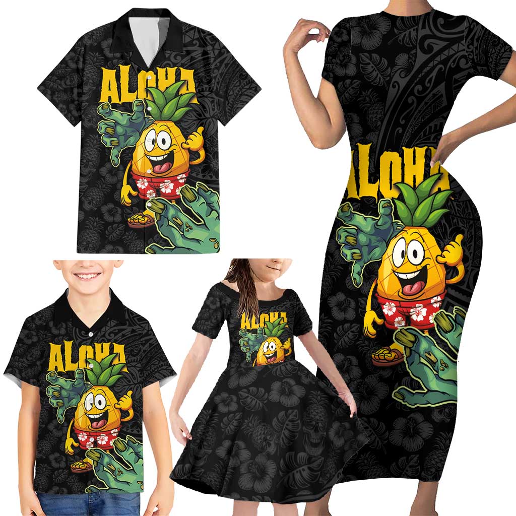 Hawaiian Halloween Family Matching Short Sleeve Bodycon Dress and Hawaiian Shirt Aloha Pinapple with Mysterious Hands and Polynesian Tribal Tattoo LT03 - Polynesian Pride