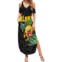 Hawaiian Halloween Family Matching Summer Maxi Dress and Hawaiian Shirt Aloha Pinapple with Mysterious Hands and Polynesian Tribal Tattoo LT03 Mom's Dress Black - Polynesian Pride