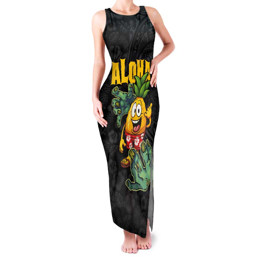 Hawaiian Halloween Family Matching Tank Maxi Dress and Hawaiian Shirt Aloha Pinapple with Mysterious Hands and Polynesian Tribal Tattoo LT03 Mom's Dress Black - Polynesian Pride