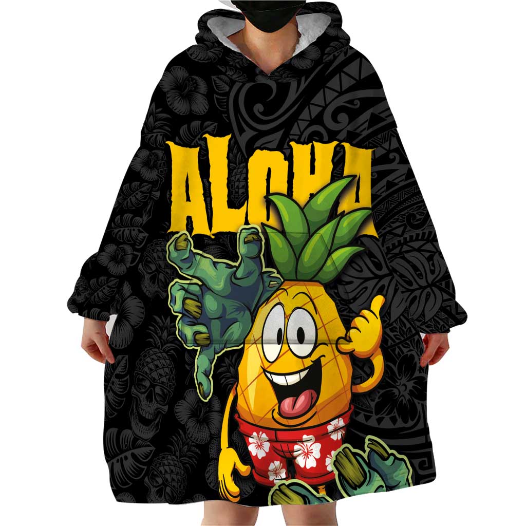 Hawaiian Halloween Wearable Blanket Hoodie Aloha Pinapple with Mysterious Hands and Polynesian Tribal Tattoo