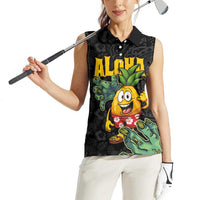 Hawaiian Halloween Women Sleeveless Polo Shirt Aloha Pinapple with Mysterious Hands and Polynesian Tribal Tattoo