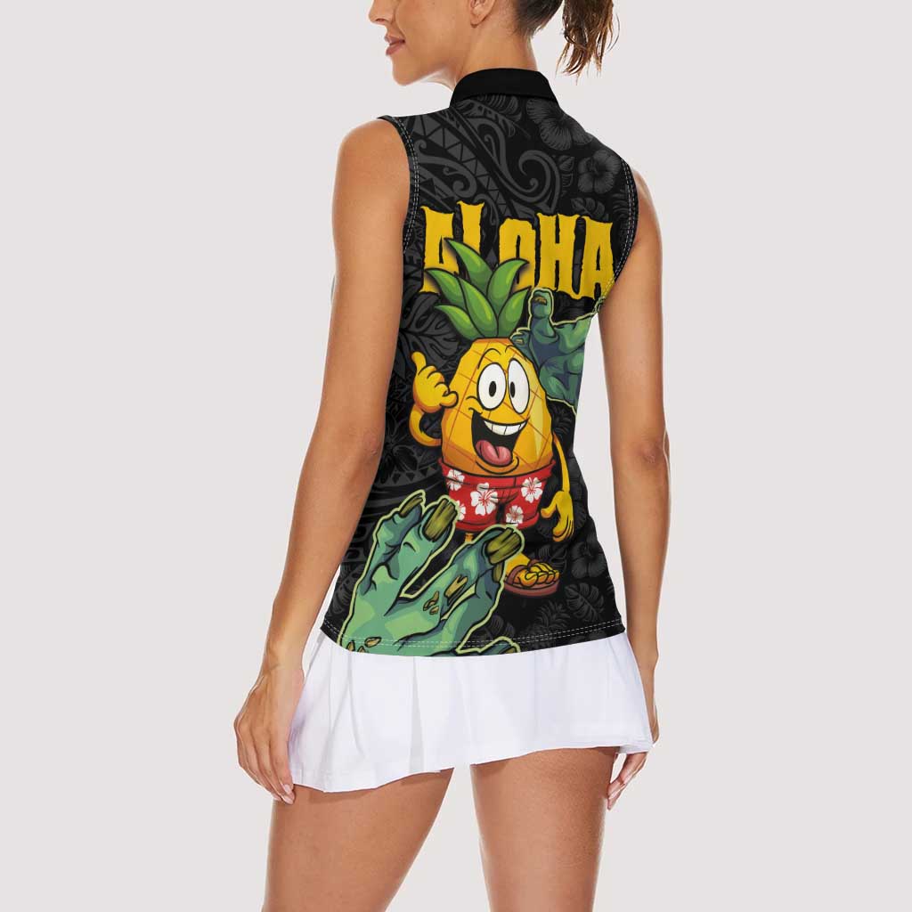 Hawaiian Halloween Women Sleeveless Polo Shirt Aloha Pinapple with Mysterious Hands and Polynesian Tribal Tattoo