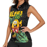 Hawaiian Halloween Women Sleeveless Polo Shirt Aloha Pinapple with Mysterious Hands and Polynesian Tribal Tattoo