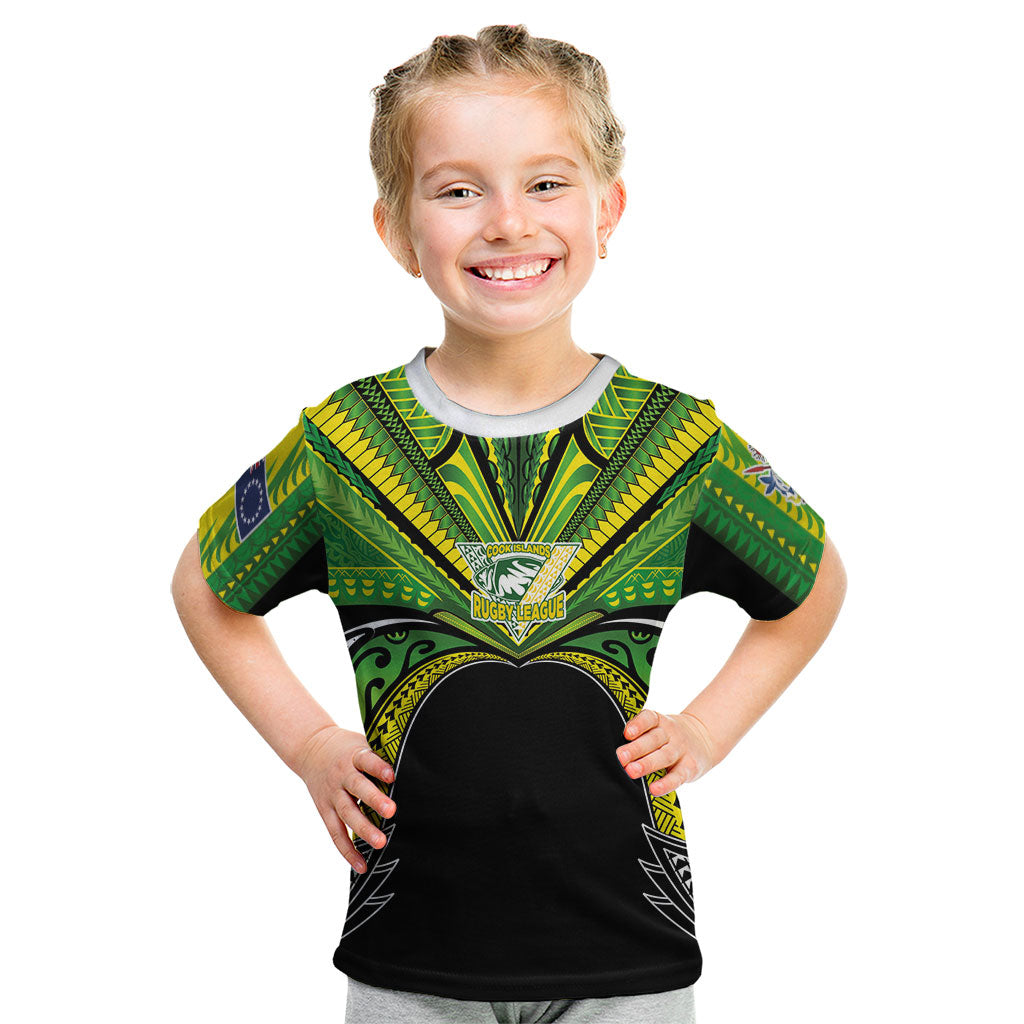 Cook Islands Rugby League Custom Kid T Shirt Polynesian and Tatau Tribal Art - Black Color LT03 Black - Polynesian Pride