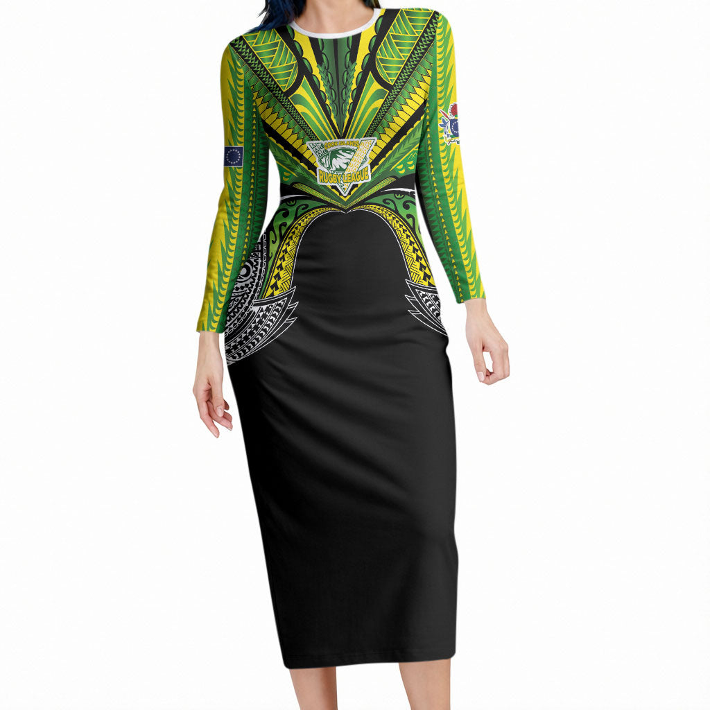 Cook Islands Rugby League Custom Long Sleeve Bodycon Dress Polynesian and Tatau Tribal Art - Black Color LT03 Long Dress Black - Polynesian Pride