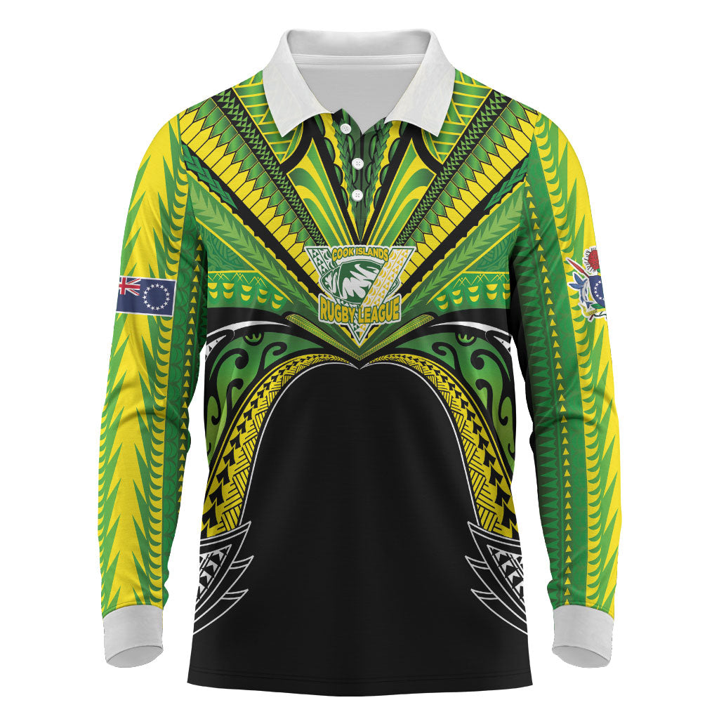Cook Islands Rugby League Custom Long Sleeve Polo Shirt Polynesian and Tatau Tribal Art - Black Color LT03 Black - Polynesian Pride