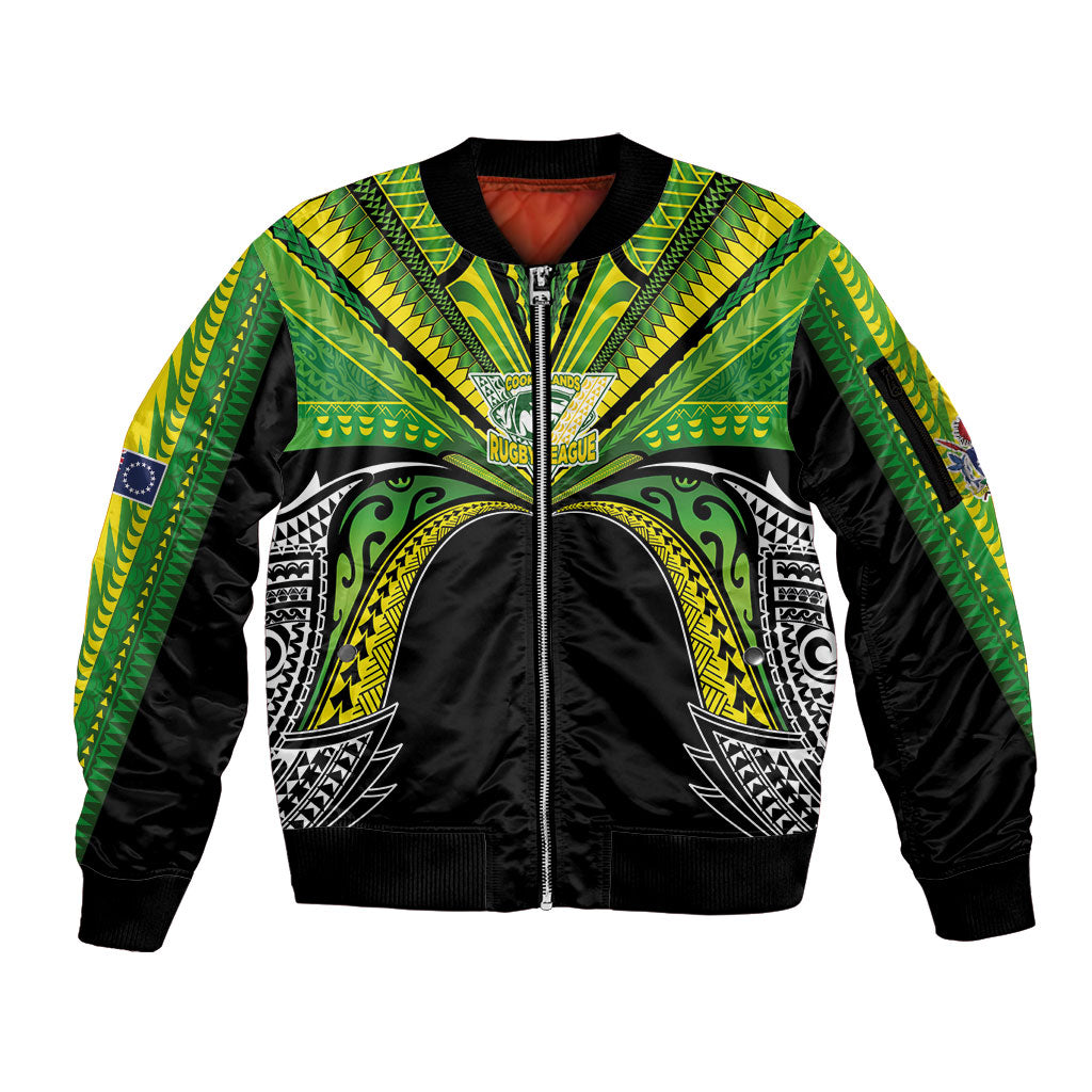Cook Islands Rugby League Custom Sleeve Zip Bomber Jacket Polynesian and Tatau Tribal Art - Black Color LT03 Unisex Black - Polynesian Pride