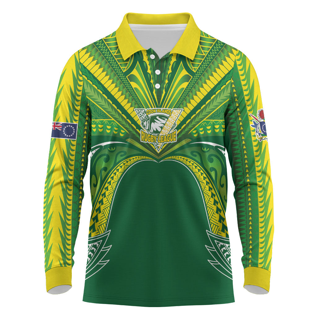 Cook Islands Rugby League Custom Long Sleeve Polo Shirt Polynesian and Tatau Tribal Art - Green Color LT03 Green - Polynesian Pride