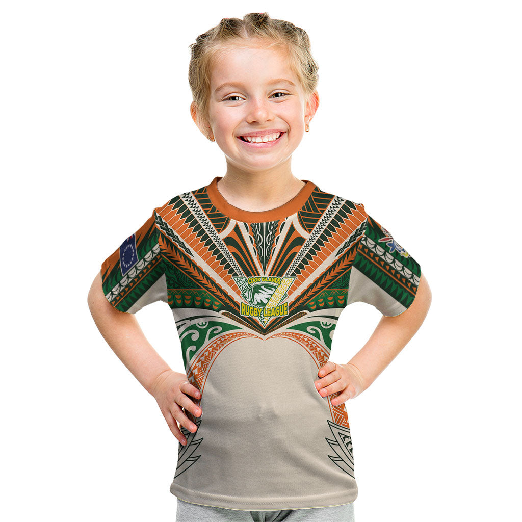 Cook Islands Rugby League Custom Kid T Shirt Polynesian and Tatau Tribal Art - Retro Palette LT03 Multicolor - Polynesian Pride