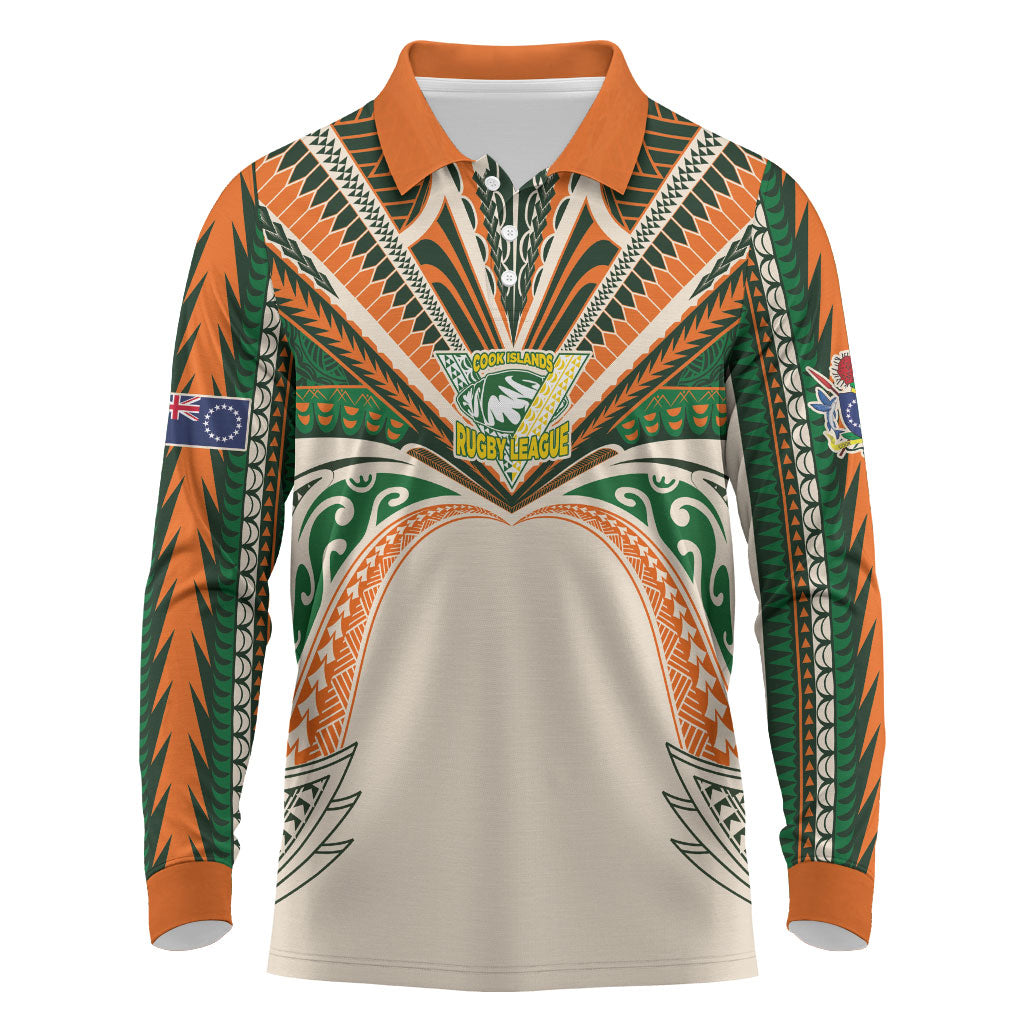 Cook Islands Rugby League Custom Long Sleeve Polo Shirt Polynesian and Tatau Tribal Art - Retro Palette LT03 Multicolor - Polynesian Pride