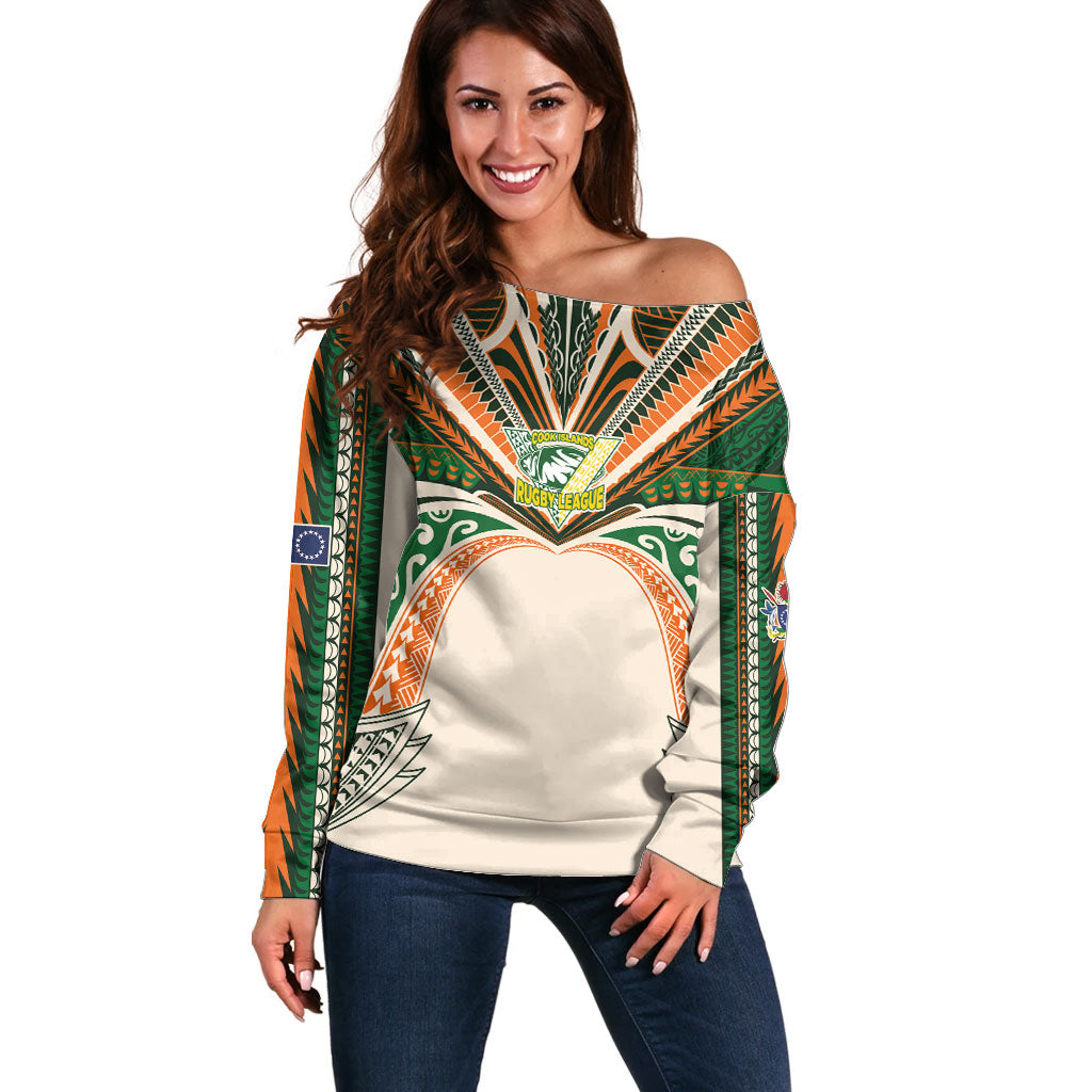 Cook Islands Rugby League Custom Off Shoulder Sweater Polynesian and Tatau Tribal Art - Retro Palette LT03 Women Multicolor - Polynesian Pride