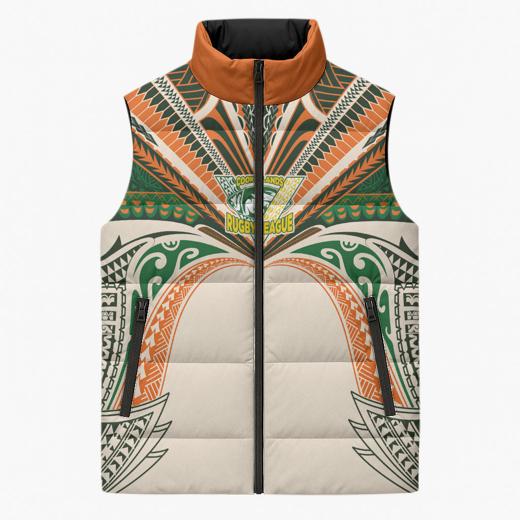 Cook Islands Rugby League Custom Sleeveless Puffer Jacket Polynesian and Tatau Tribal Art - Retro Palette LT03 Unisex Multicolor - Polynesian Pride