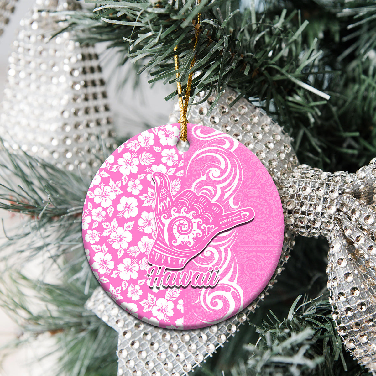Hawaii Kauai Island Ceramic Ornament Hibiscus Pattern Seamless Tribal Simple Pink LT03 - Polynesian Pride