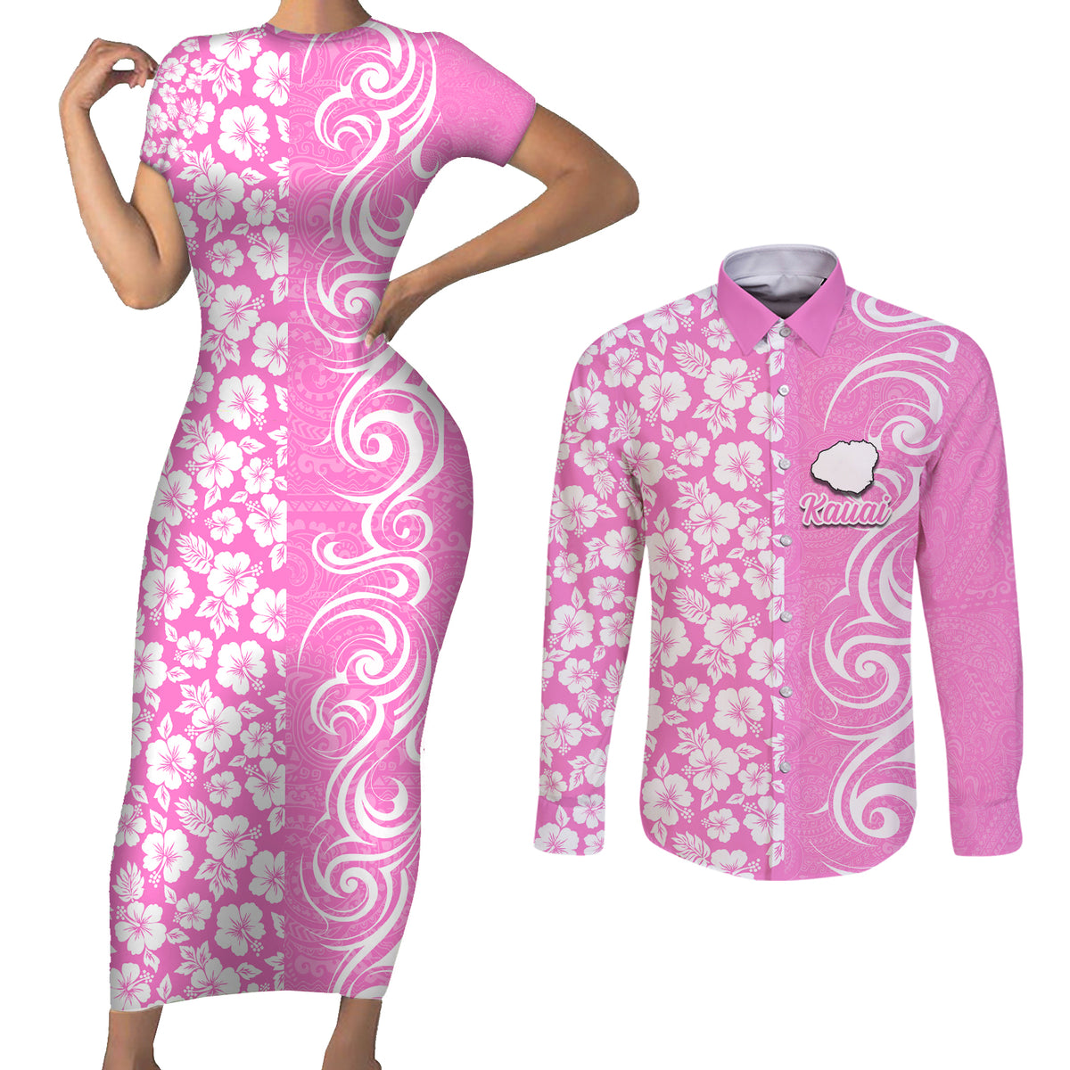 Hawaii Kauai Island Couples Matching Short Sleeve Bodycon Dress and Long Sleeve Button Shirts Hibiscus Pattern Seamless Tribal Simple Pink LT03 Pink - Polynesian Pride