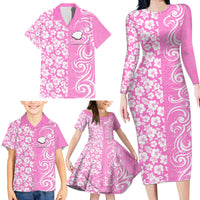 Hawaii Kauai Island Family Matching Long Sleeve Bodycon Dress and Hawaiian Shirt Hibiscus Pattern Seamless Tribal Simple Pink LT03 - Polynesian Pride