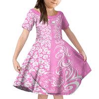 Hawaii Kauai Island Family Matching Off Shoulder Short Dress and Hawaiian Shirt Hibiscus Pattern Seamless Tribal Simple Pink LT03 Daughter's Dress Pink - Polynesian Pride