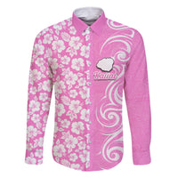 Hawaii Kauai Island Family Matching Off Shoulder Short Dress and Hawaiian Shirt Hibiscus Pattern Seamless Tribal Simple Pink LT03 Dad's Shirt - Long Sleeve Pink - Polynesian Pride