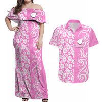 Custom Hawaii Kauai Island Couples Matching Off Shoulder Maxi Dress and Hawaiian Shirt Hibiscus Pattern Seamless Tribal Simple Pink LT03 Pink - Polynesian Pride