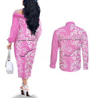 Custom Hawaii Kauai Island Couples Matching Off The Shoulder Long Sleeve Dress and Long Sleeve Button Shirts Hibiscus Pattern Seamless Tribal Simple Pink LT03 - Polynesian Pride