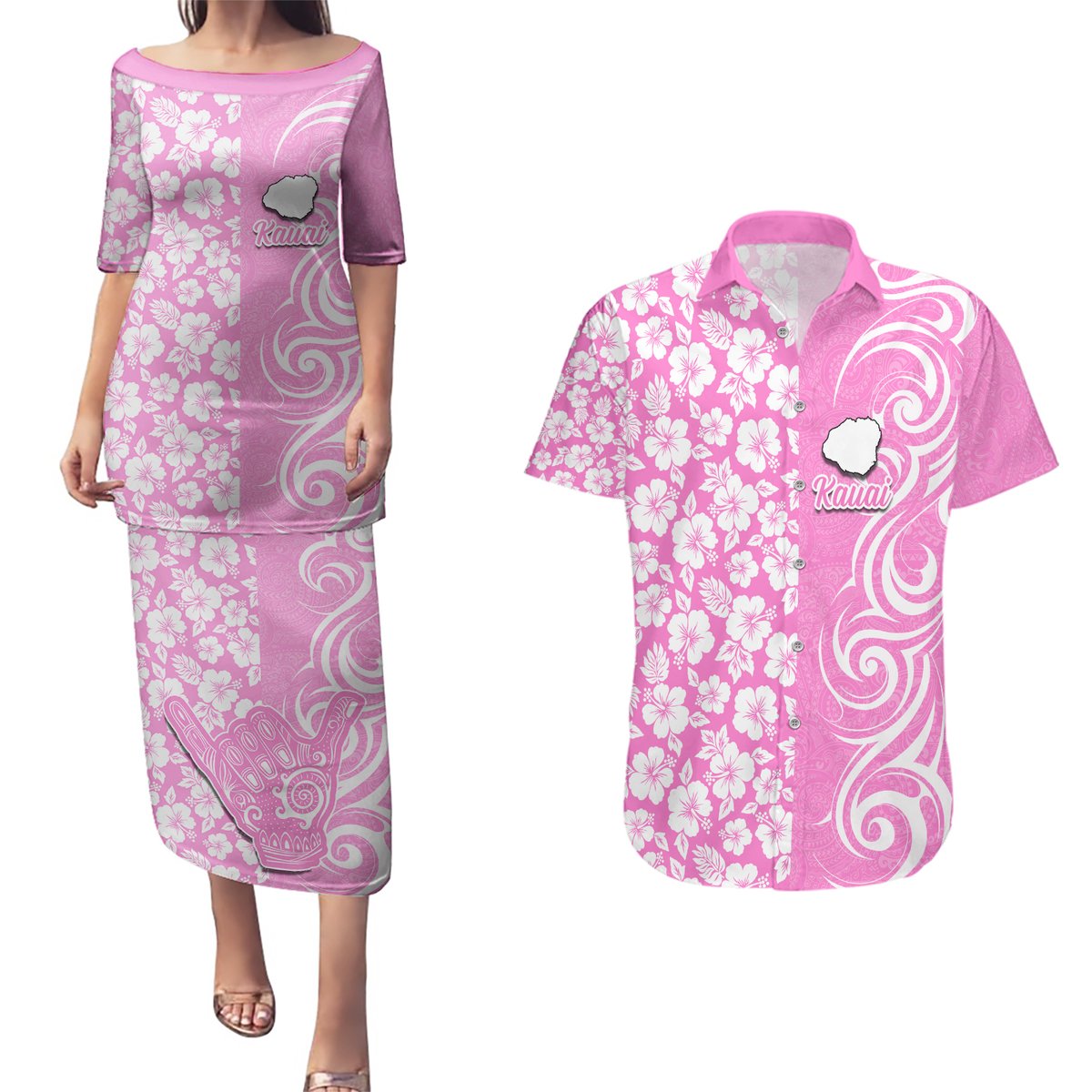Custom Hawaii Kauai Island Couples Matching Puletasi Dress and Hawaiian Shirt Hibiscus Pattern Seamless Tribal Simple Pink LT03 Pink - Polynesian Pride