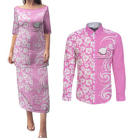 Custom Hawaii Kauai Island Couples Matching Puletasi Dress and Long Sleeve Button Shirts Hibiscus Pattern Seamless Tribal Simple Pink LT03 Pink - Polynesian Pride
