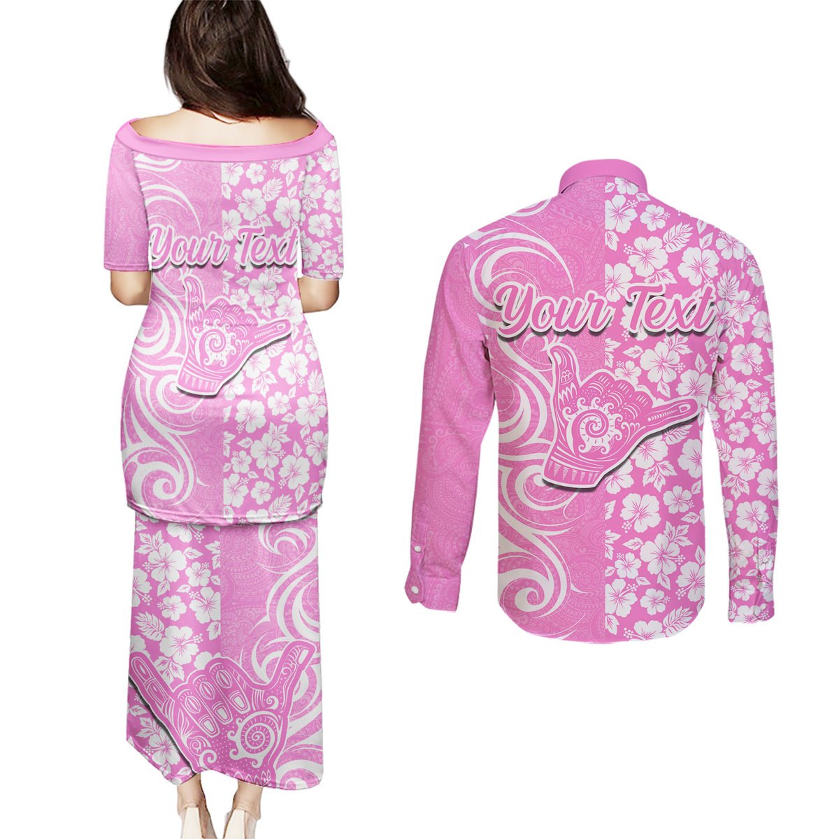 Custom Hawaii Kauai Island Couples Matching Puletasi Dress and Long Sleeve Button Shirts Hibiscus Pattern Seamless Tribal Simple Pink LT03 - Polynesian Pride
