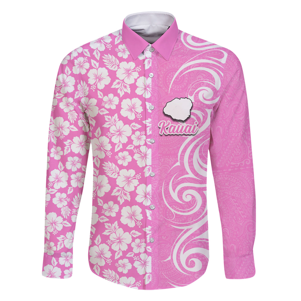 Custom Hawaii Kauai Island Family Matching Off Shoulder Long Sleeve Dress and Hawaiian Shirt Hibiscus Pattern Seamless Tribal Simple Pink LT03 Dad's Shirt - Long Sleeve Pink - Polynesian Pride