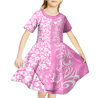 Custom Hawaii Kauai Island Kid Short Sleeve Dress Hibiscus Pattern Seamless Tribal Simple Pink LT03 - Polynesian Pride