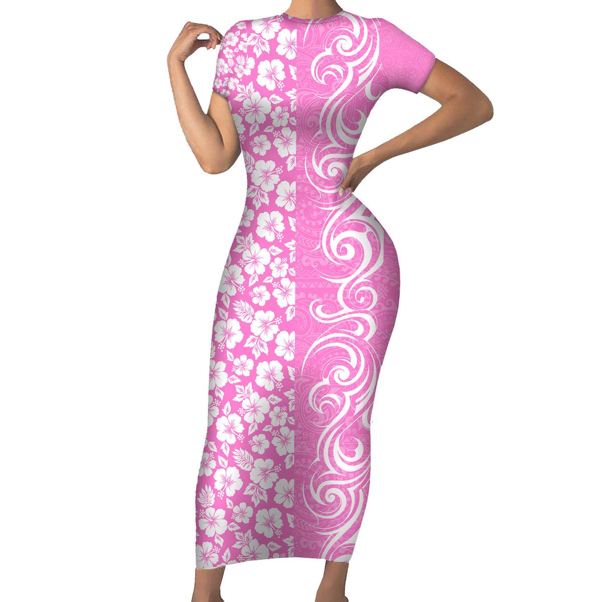 Custom Hawaii Kauai Island Short Sleeve Bodycon Dress Hibiscus Pattern Seamless Tribal Simple Pink LT03 Long Dress Pink - Polynesian Pride