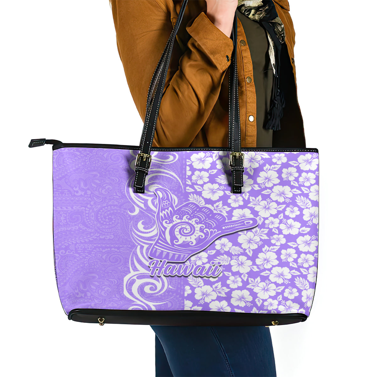Hawaii Kauai Island Leather Tote Bag Hibiscus Pattern Seamless Tribal Simple Purple LT03 - Polynesian Pride