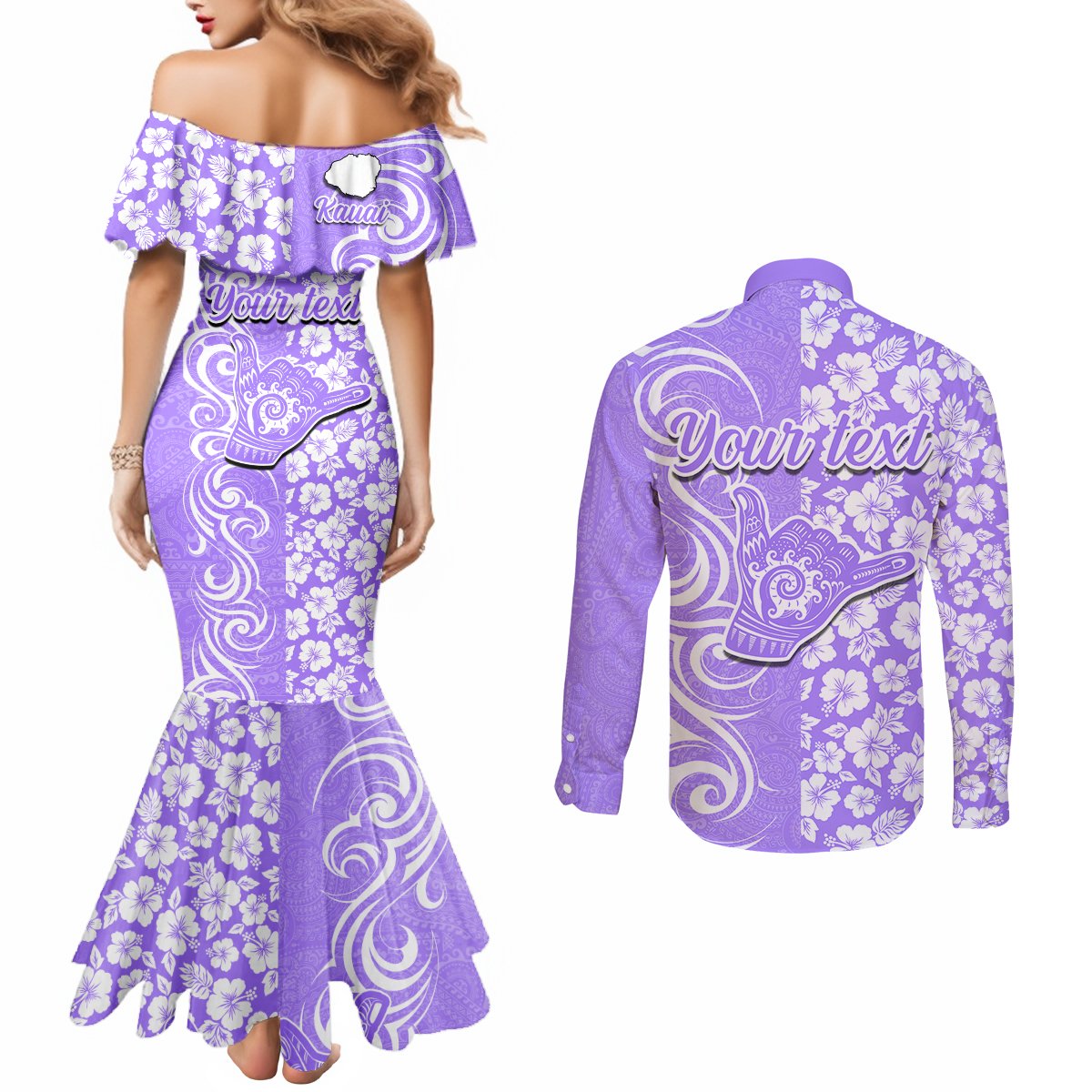 Custom Hawaii Kauai Island Couples Matching Mermaid Dress and Long Sleeve Button Shirts Hibiscus Pattern Seamless Tribal Simple Purple LT03 - Polynesian Pride